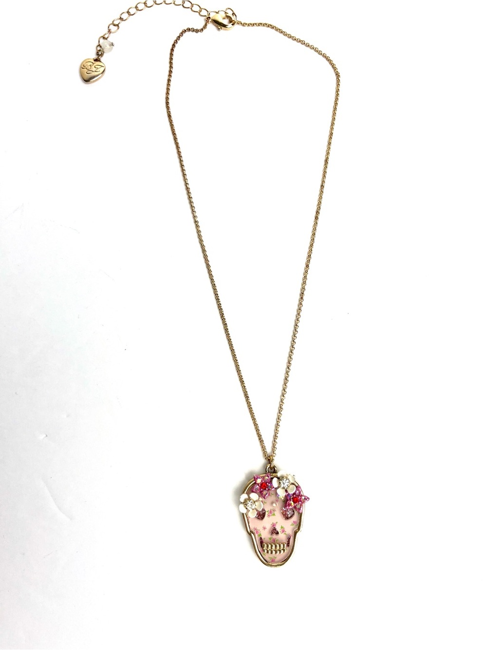 Betsey Johnson Gold Tone Pink Floral Skull Pendant Necklace Goth Bling
